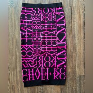 WOMENS MICHAEL MICHAEL KORS STRETCH KNIT LOGO MIDI SKIRT BLACK PINK SIZE SMALL